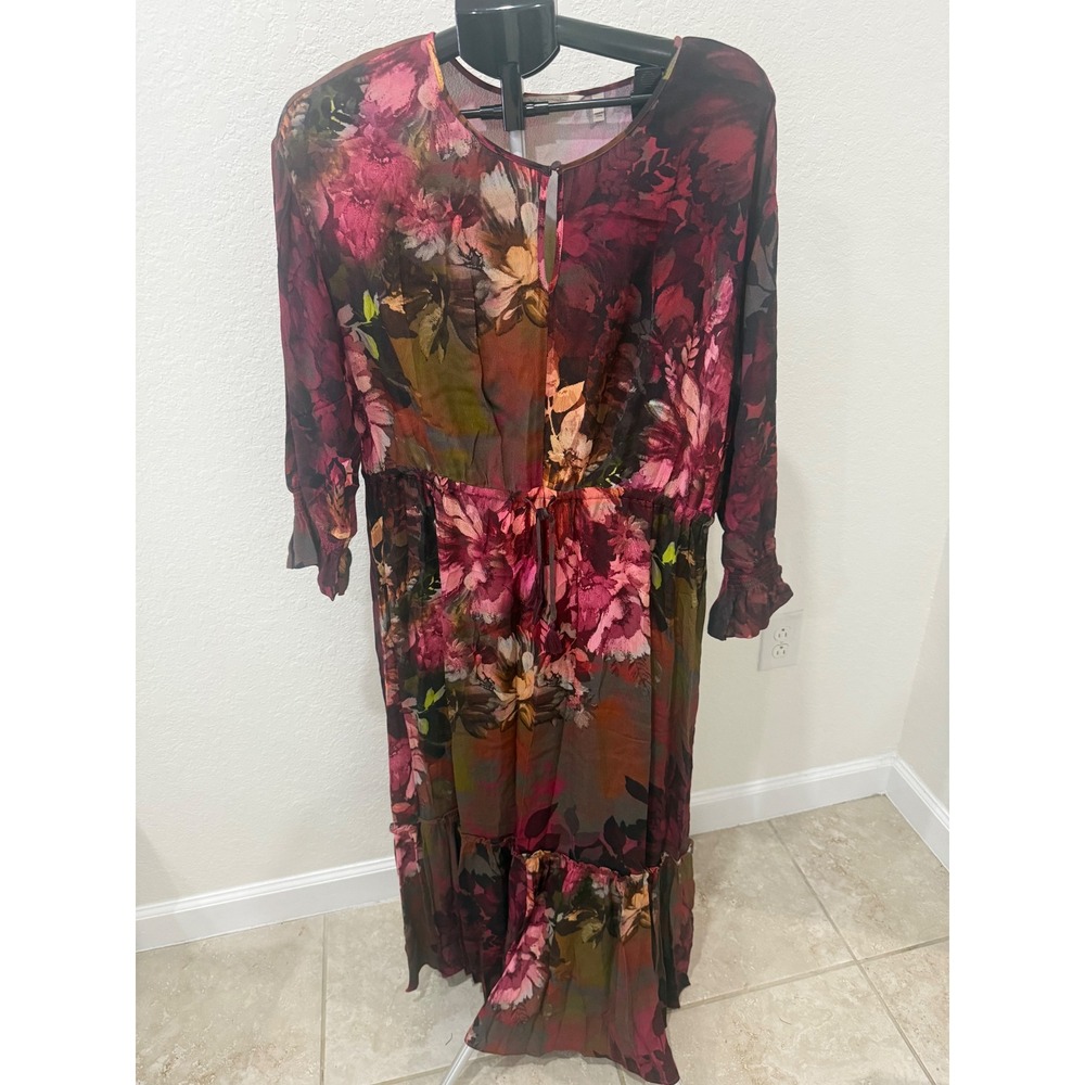 Soft Surroundings Floral Sheer Maxi Dress Women's L Burgundy Pink Boho Romantic